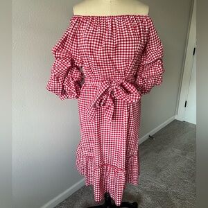 NWOT Who What Wear Red and White Gingham Ruched Off-Shoulder Sundress